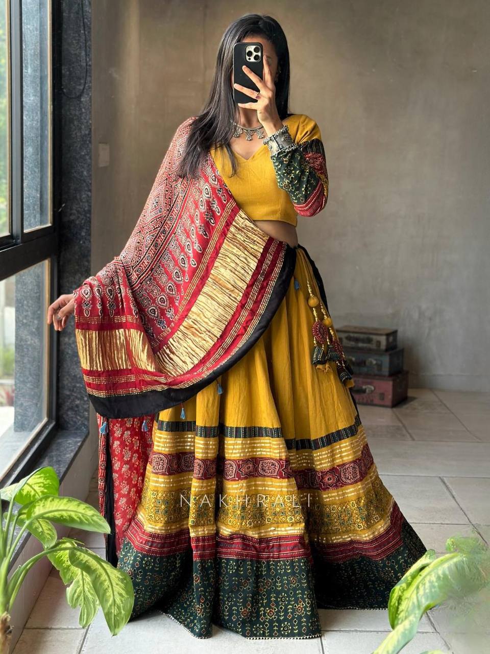 Mustard Yellow Printed Rayon Lehenga Choli with 4 Mtr Flair